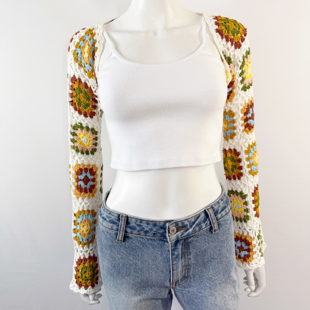 Forever 21 Granny Square Crochet Cropped Shrug Top Size M Casual Indie Summer